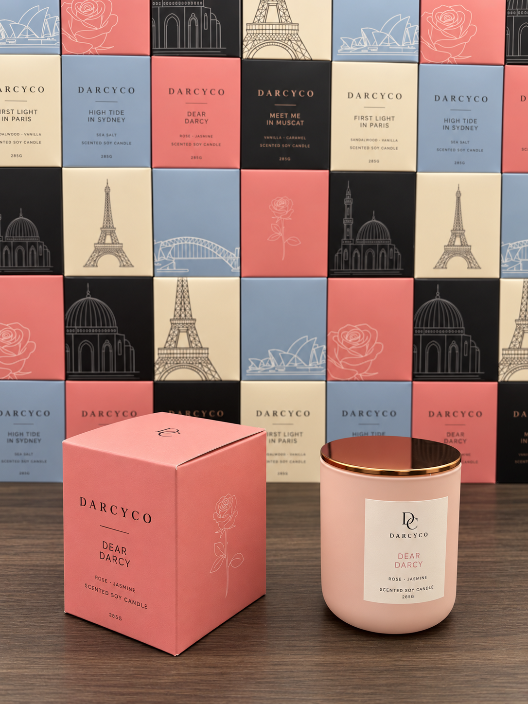 Dear Darcy candle with its pink box