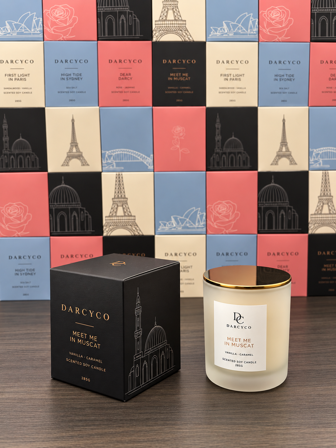 Meet Me in Muscat candle with its black box